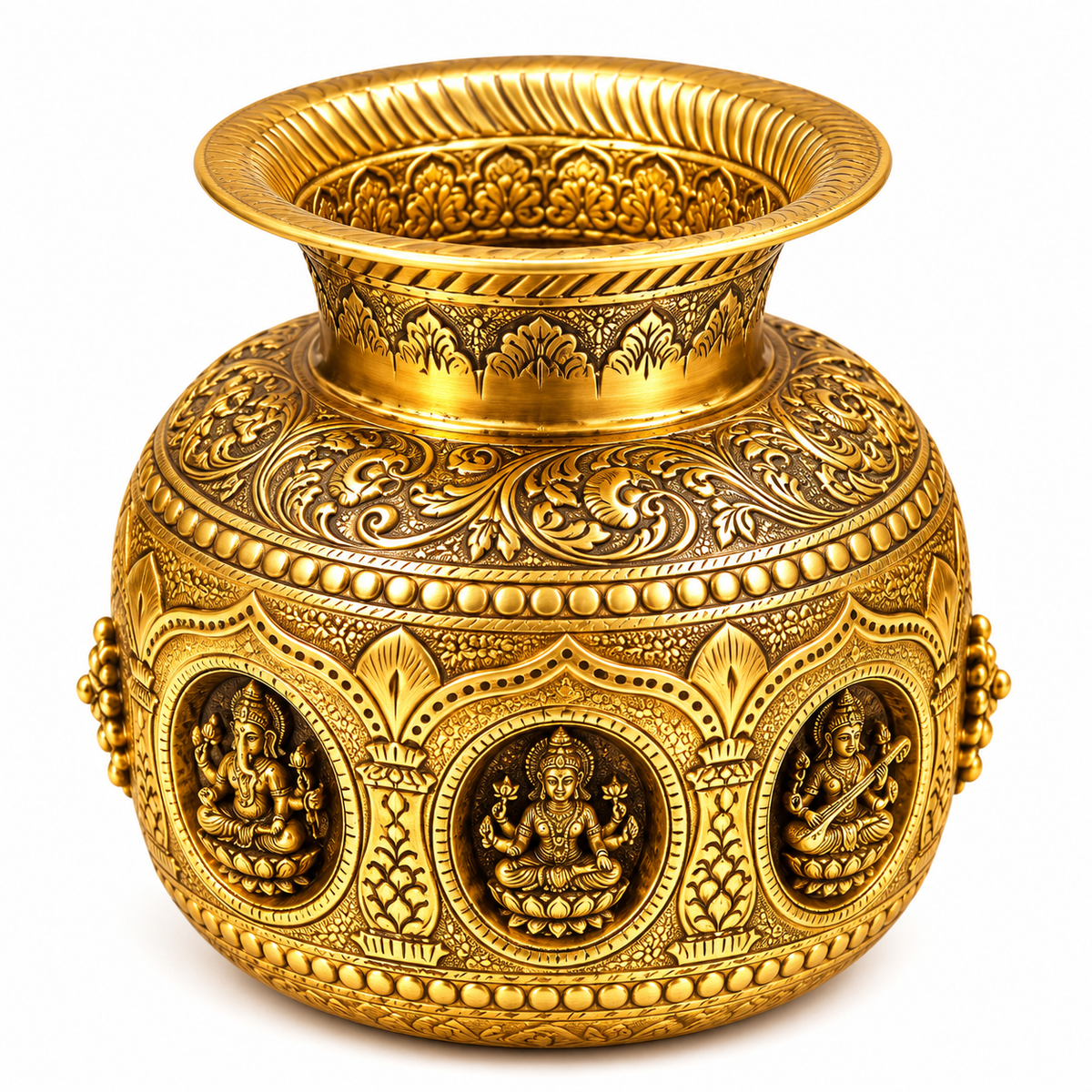 Brass Embossed Laxmi Ganesh Saraswati Kalash | Decorative Pooja Kalash