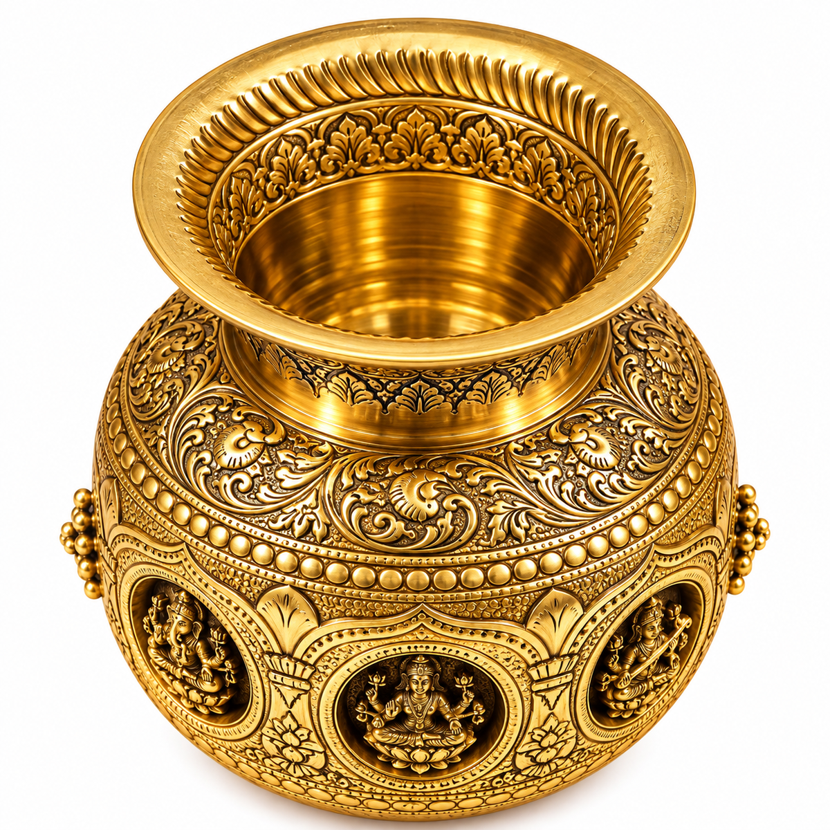 Brass Embossed Laxmi Ganesh Saraswati Kalash | Decorative Pooja Kalash