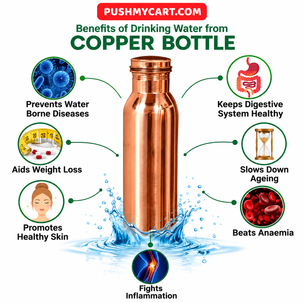 Pure Copper Water Bottle with Leak-Proof Lid |