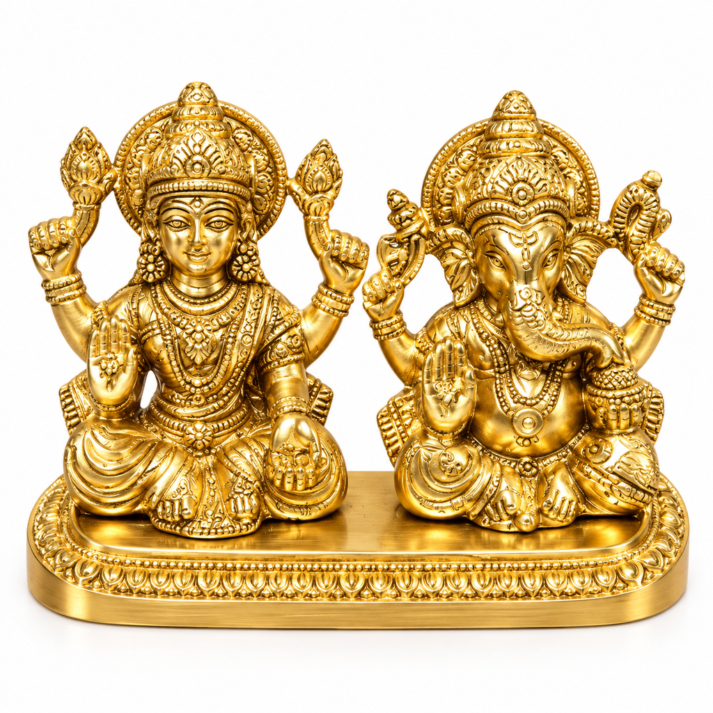 Brass Lakshmi Ganesh Idol Set – Laxmi Ganesh Murti on Decorative Base