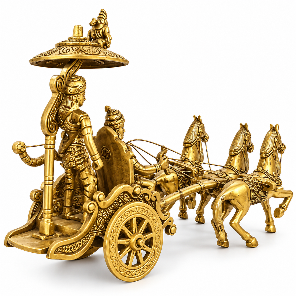 Brass Krishna Arjun Rath with Horses | Mahabharat Chariot Decorative Showpiece