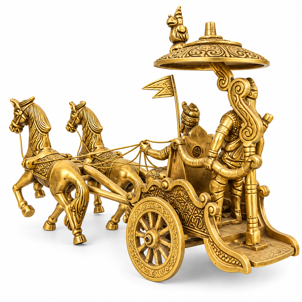 Brass Krishna Arjun Rath with Horses | Mahabharat Chariot Decorative Showpiece