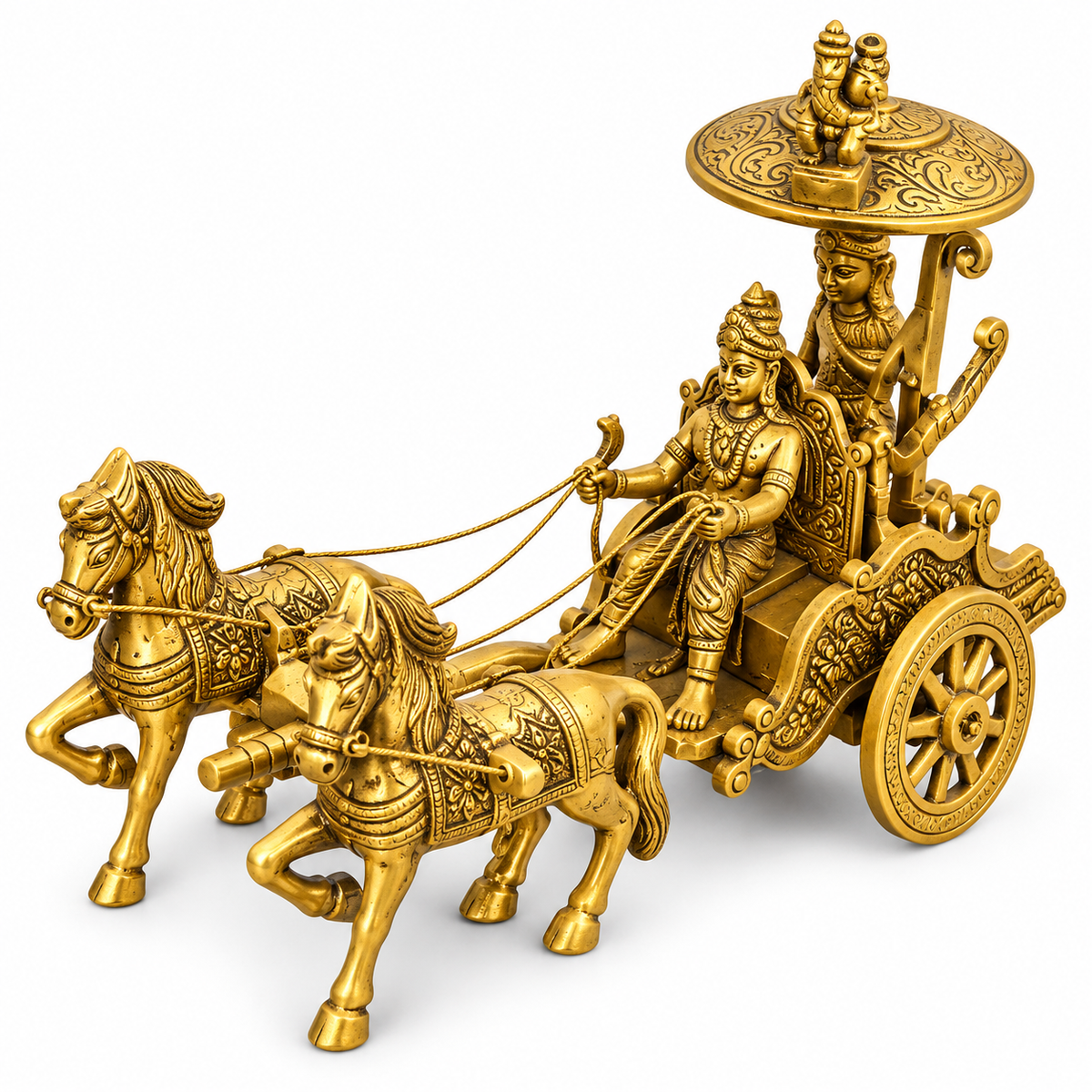 Brass Krishna Arjun Rath with Horses | Mahabharat Chariot Decorative Showpiece