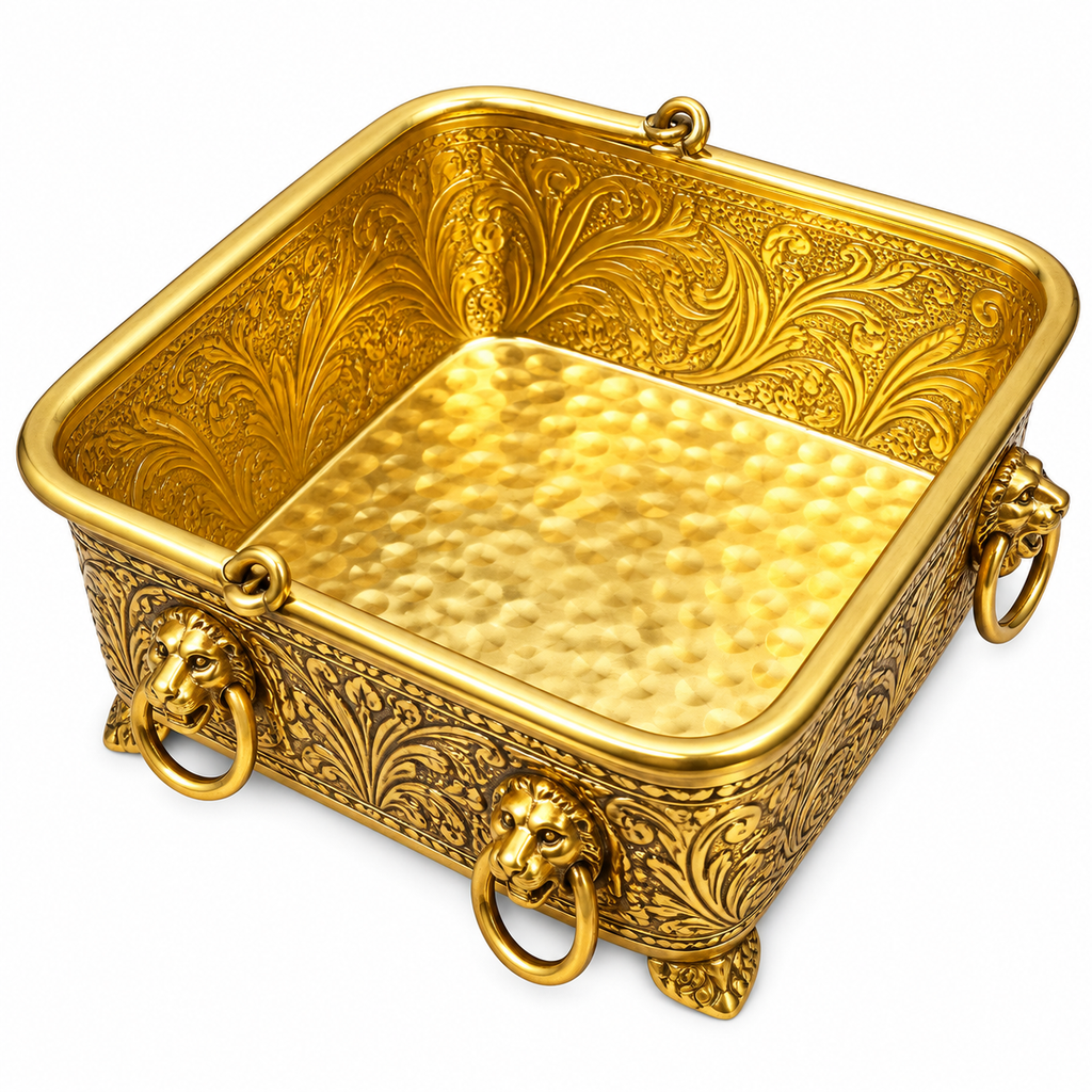 Brass Square Urli Bowl with Lion Ring Handles | Decorative Brass Serving Bowl