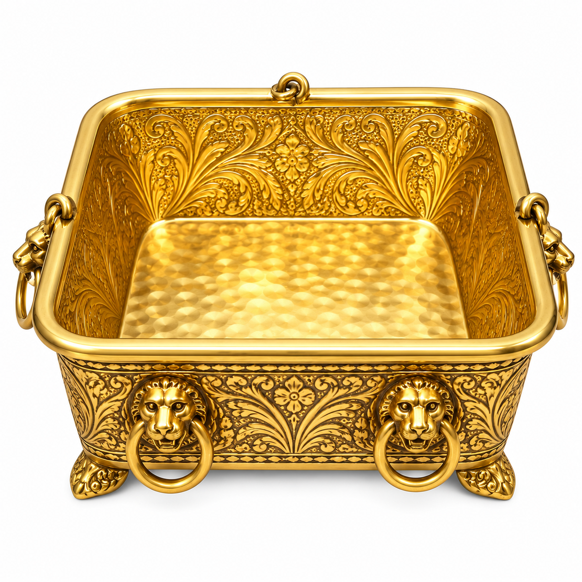 Brass Square Urli Bowl with Lion Ring Handles | Decorative Brass Serving Bowl