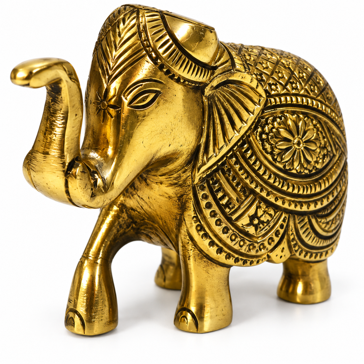 Handcrafted Antique Brass Elephant Idol / Royal Carved Trunk-Up Elephant Figurine
