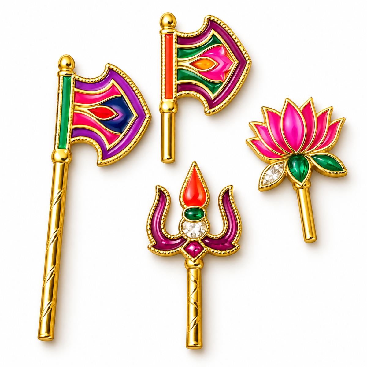 Designer Golden Jhanda, Trishul & Lotus | Kanha Ji Decoration Set – 4 Pieces
