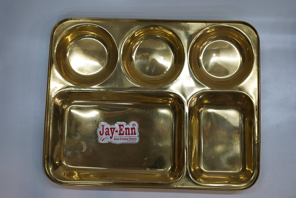 Premium Pure Brass 5-Compartment Dinner Plate | Traditional Pital Partition Bhojan Thali