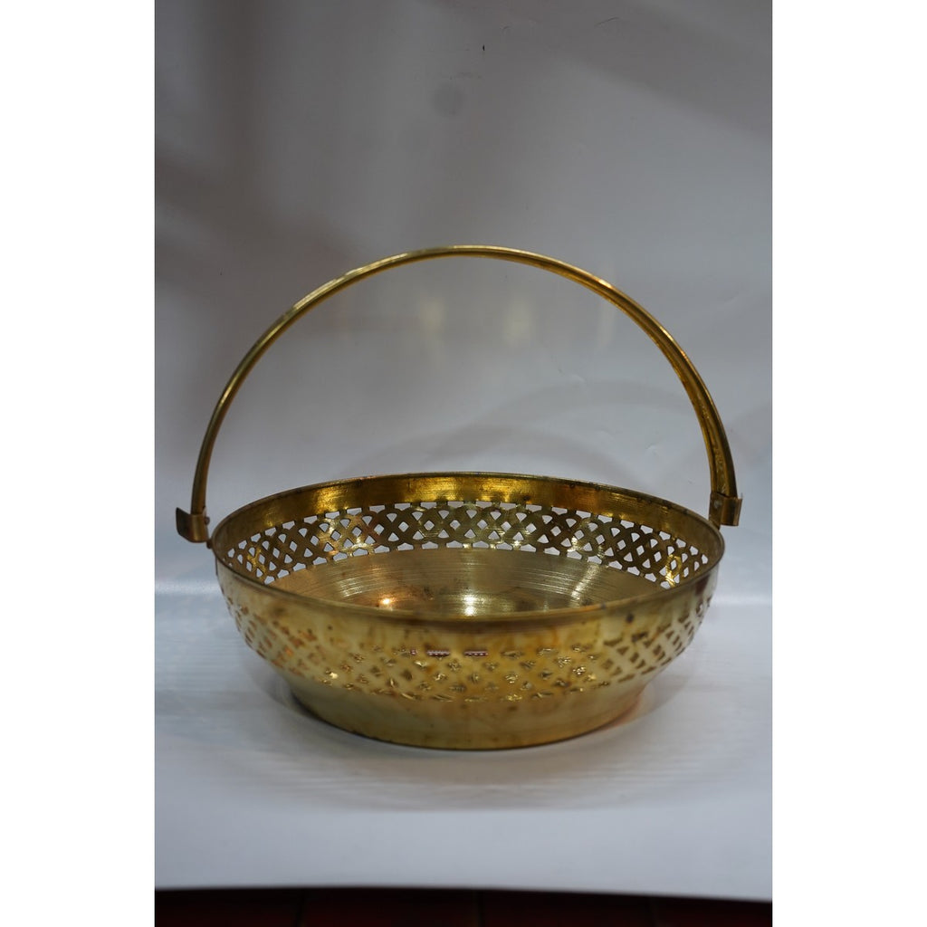 Handcrafted Brass Round Basket with Handle | Pooja & Fruit Basket