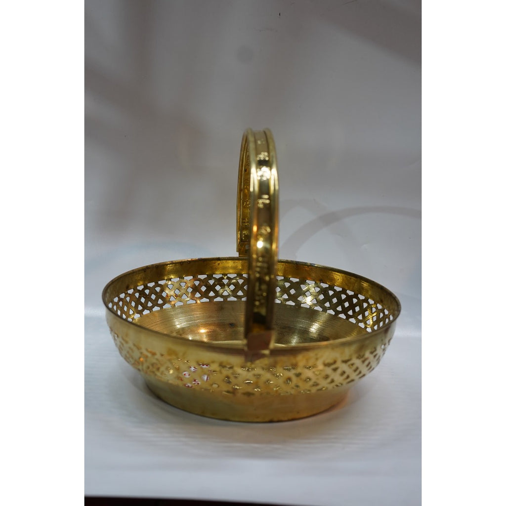 Handcrafted Brass Round Basket with Handle | Pooja & Fruit Basket