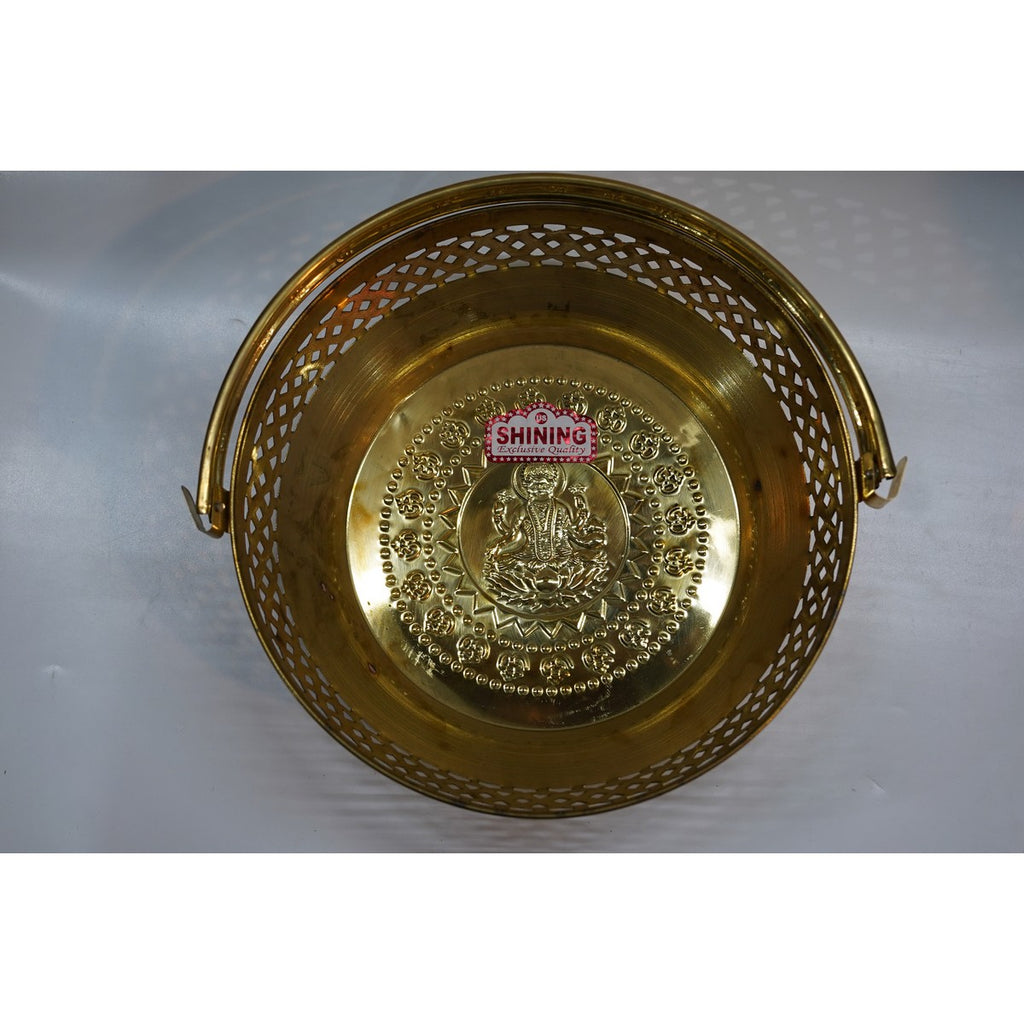 Handcrafted Brass Round Basket with Handle | Pooja & Fruit Basket