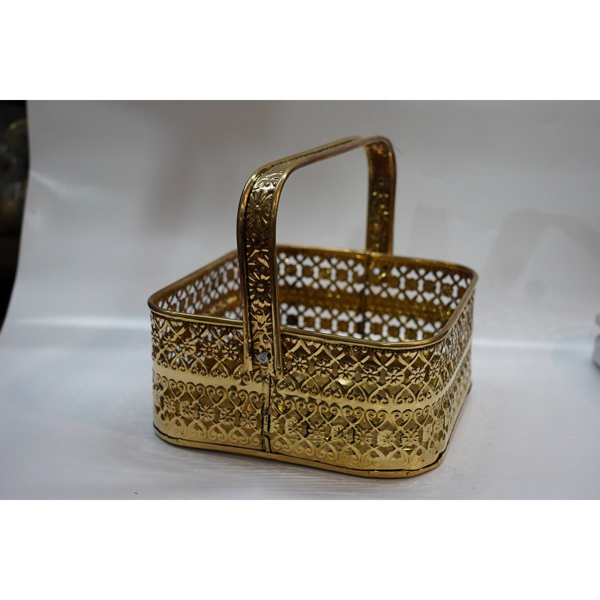 Handcrafted Rectangular Brass Basket with Handle | Premium Pooja & Gift Basket
