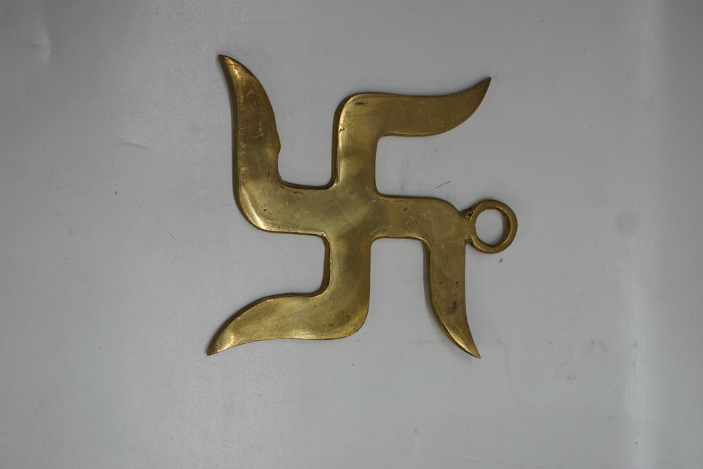 Handcrafted Pure Brass Wavy Swastik Wall Hanging | Curved Edge Auspicious Vastu Swastika Door Emblem for Home Entrance