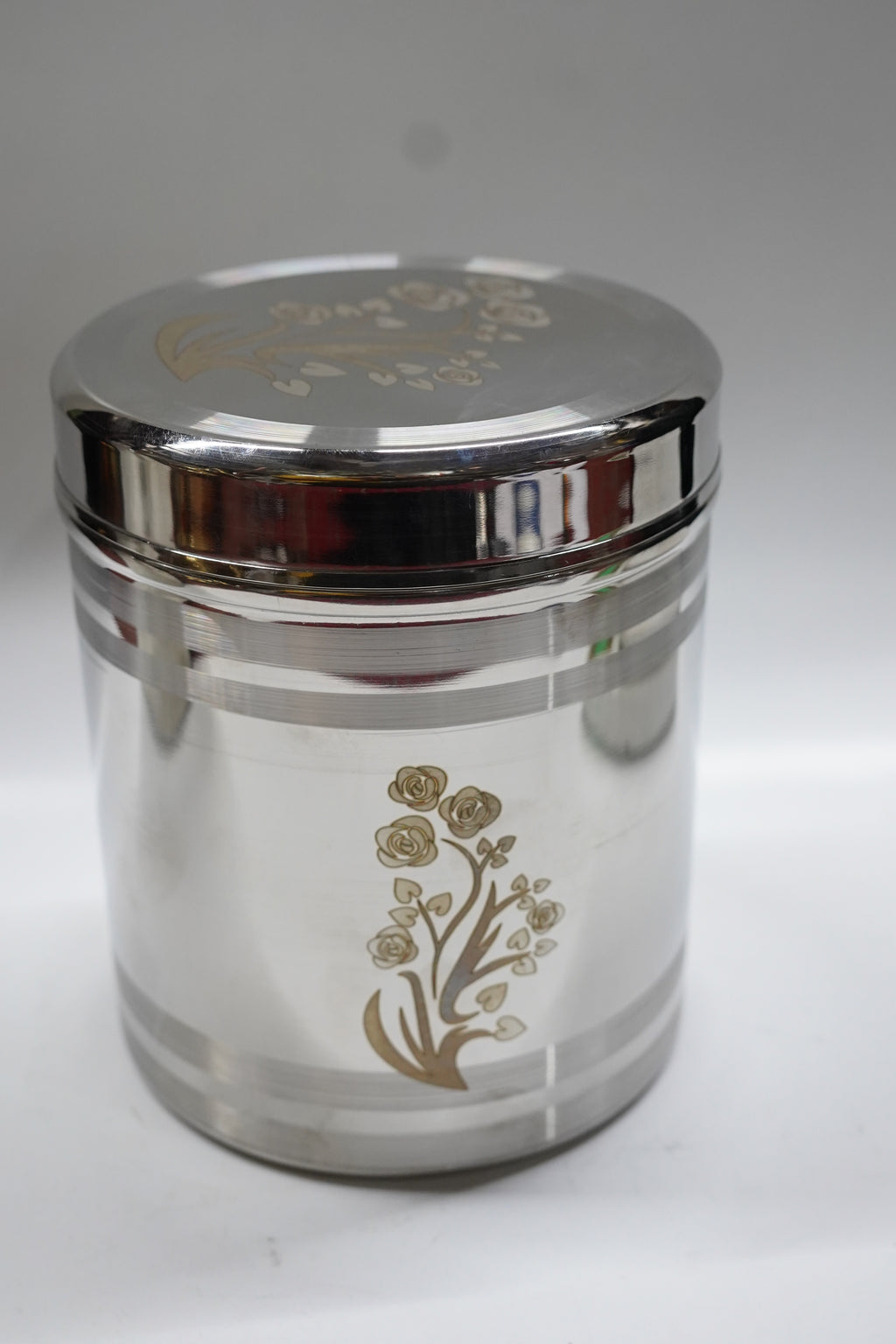 Luxury Stainless Steel Floral Laser-Engraved Kitchen Canister (Silver) - Designer Airtight Dabba with Rose Motif for Gifting & Premium Storage