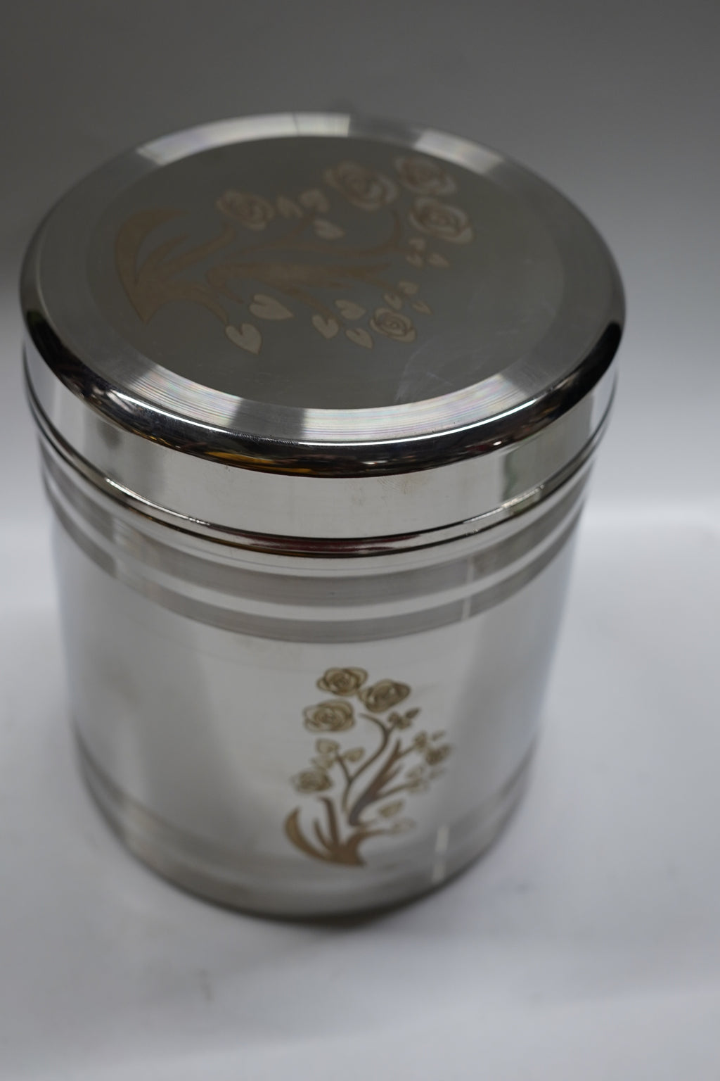 Luxury Stainless Steel Floral Laser-Engraved Kitchen Canister (Silver) - Designer Airtight Dabba with Rose Motif for Gifting & Premium Storage