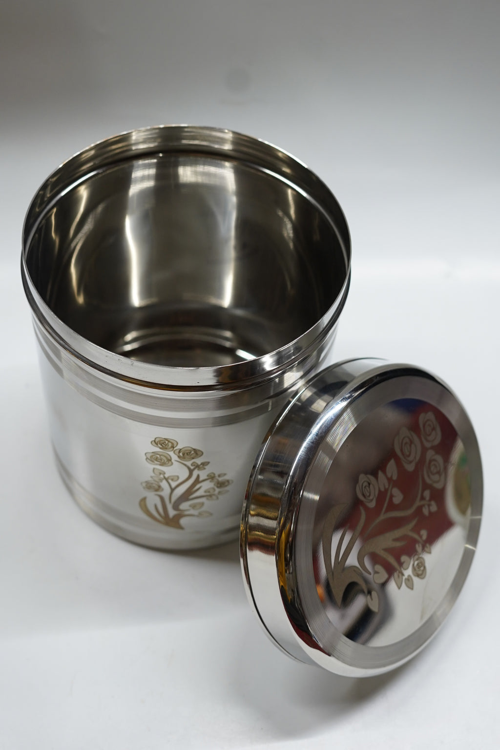 Luxury Stainless Steel Floral Laser-Engraved Kitchen Canister (Silver) - Designer Airtight Dabba with Rose Motif for Gifting & Premium Storage