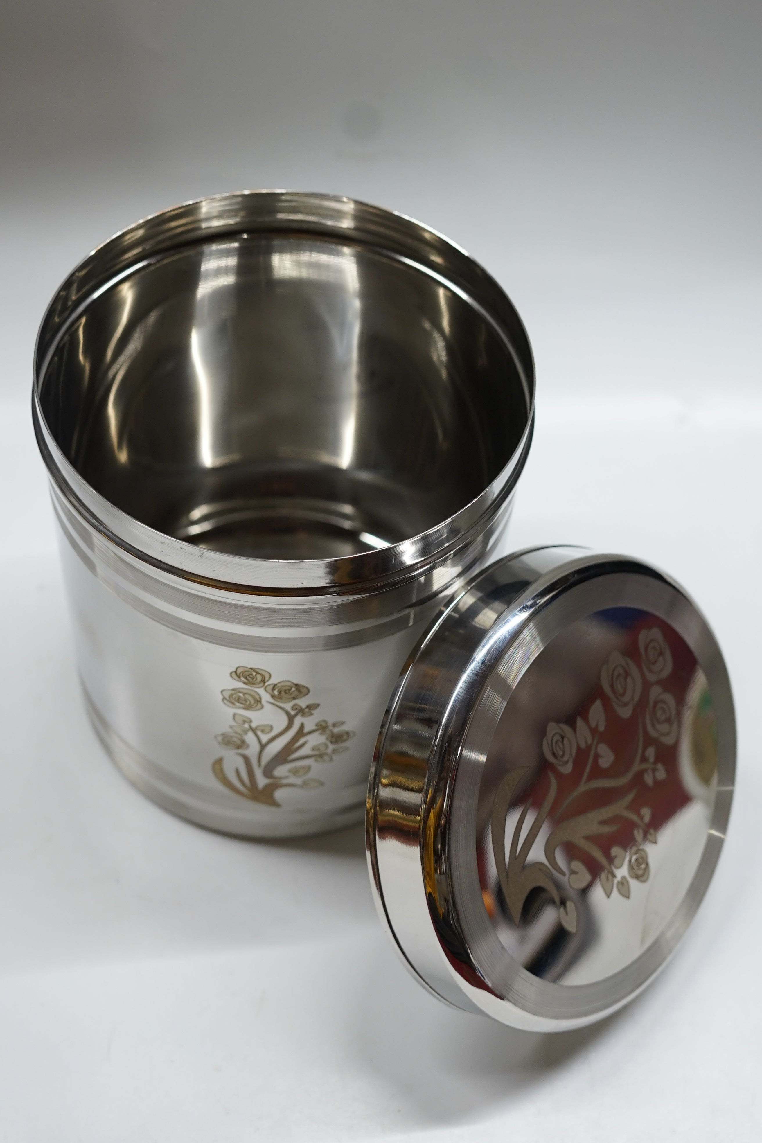 Luxury Stainless Steel Floral Laser-Engraved Kitchen Canister (Silver) - Designer Airtight Dabba with Rose Motif for Gifting & Premium Storage