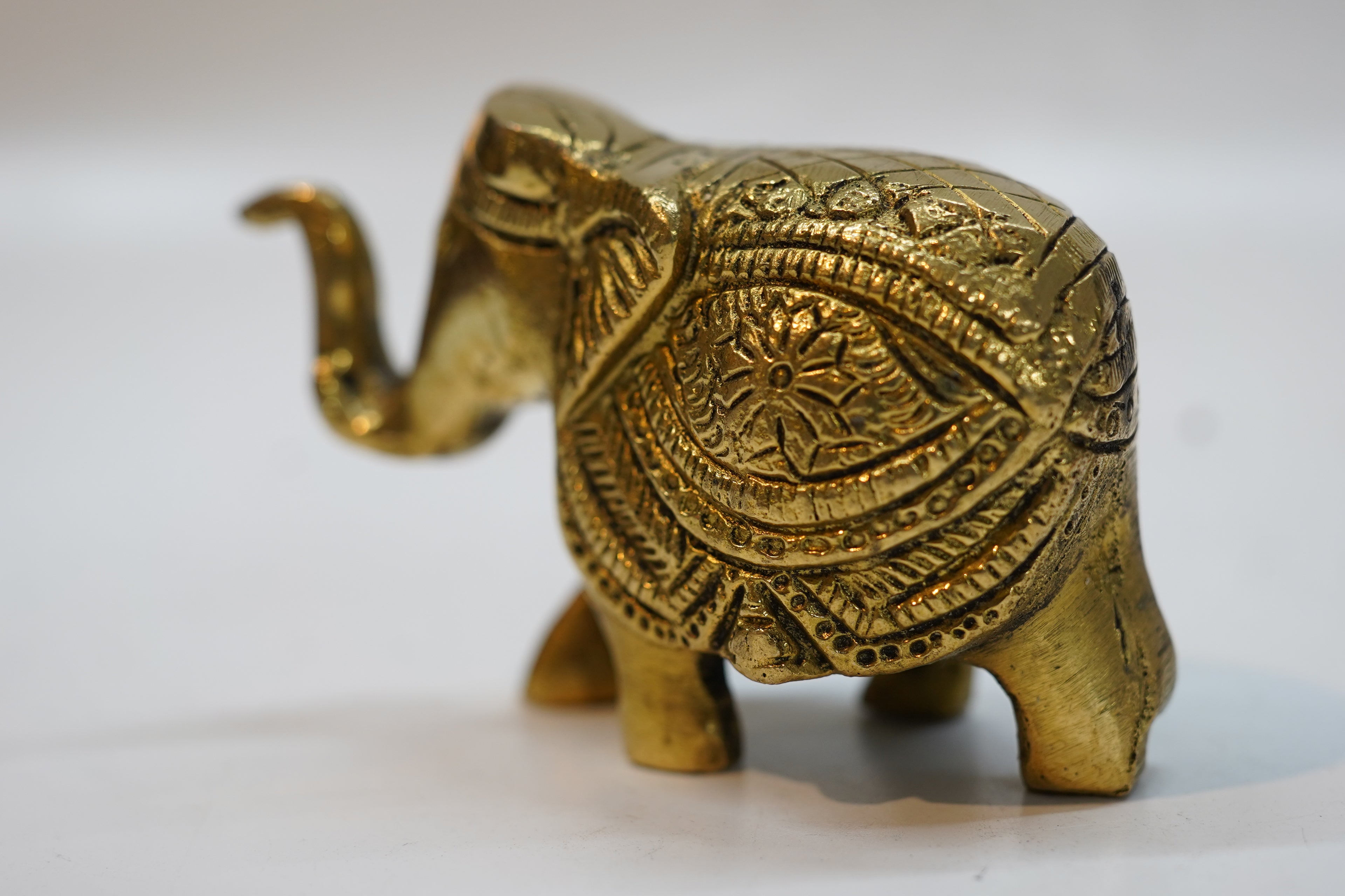 Handcrafted Antique Brass Elephant Idol / Royal Carved Trunk-Up Elephant Figurine