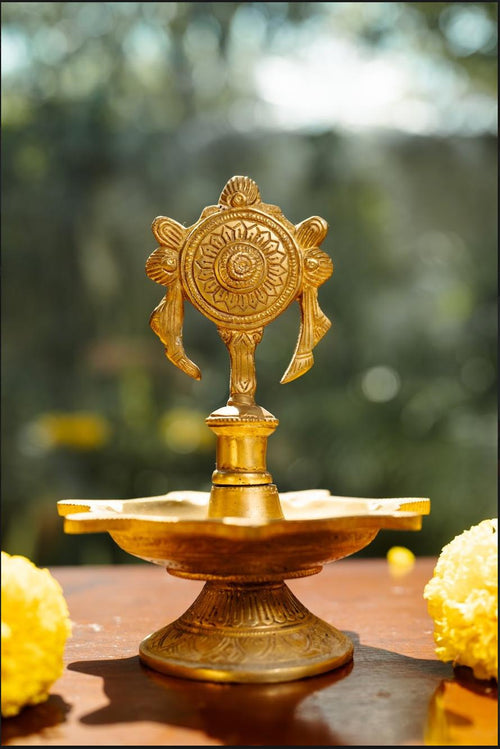 Antique Brass Diya Lamp with Traditional Decorative Design