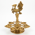Brass Peacock Diya Stand - Traditional Brass Kuthu Vilakku Oil Lamp for Puja, Temple & Home Decor (Standard Size)