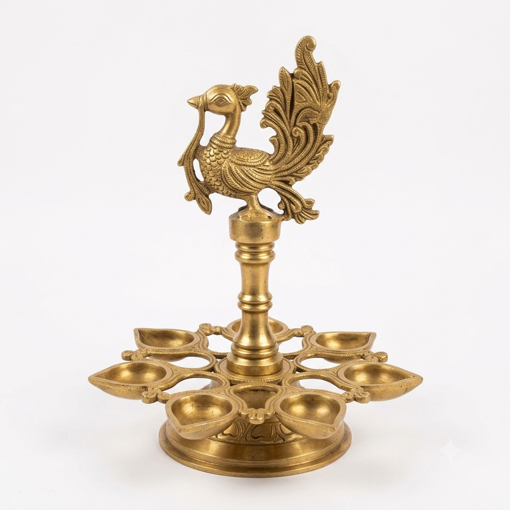 Brass Peacock Diya Stand - Traditional Brass Kuthu Vilakku Oil Lamp for Puja, Temple & Home Decor (Standard Size)