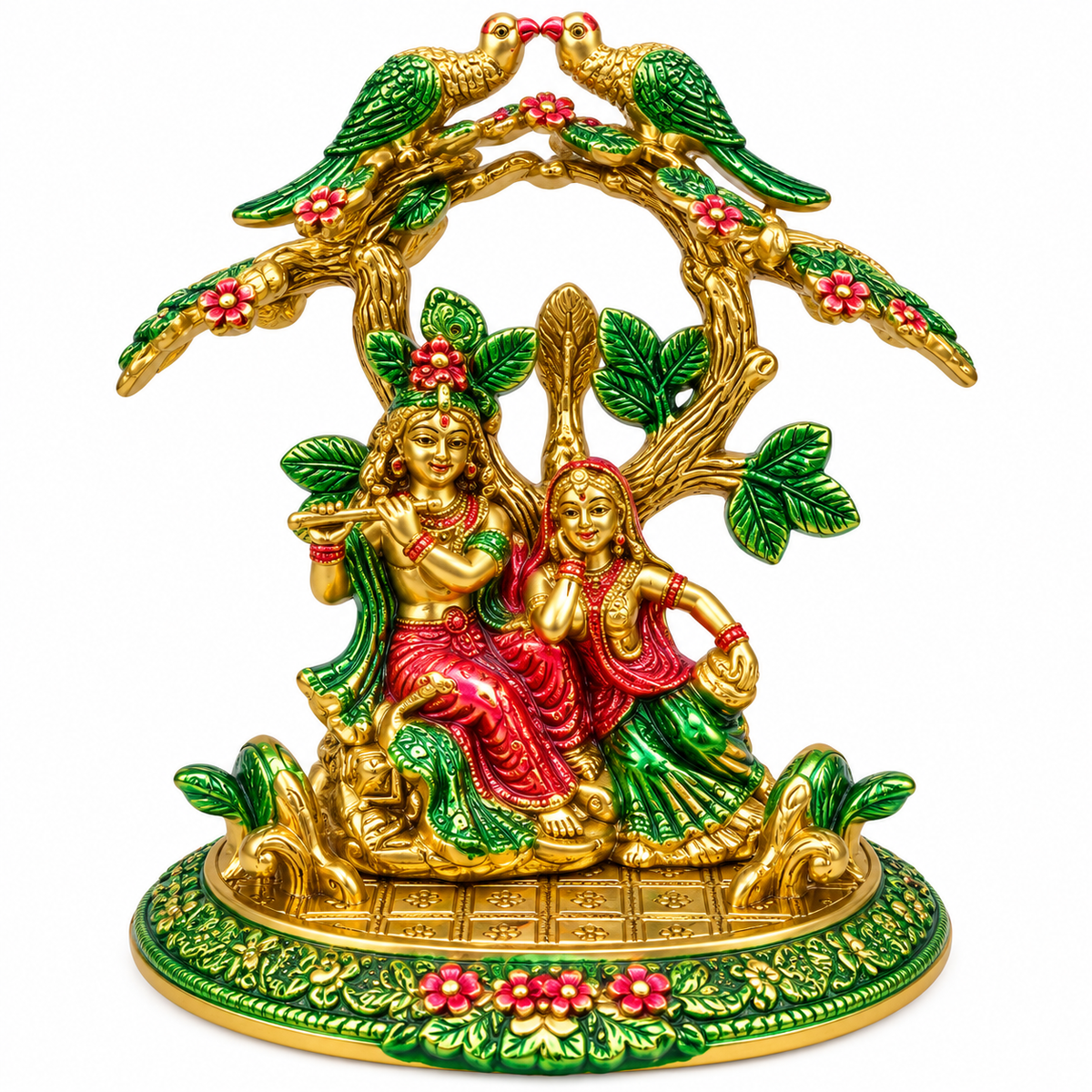 Gold Plated Radha Krishna Idol Under Tree with Parrots |