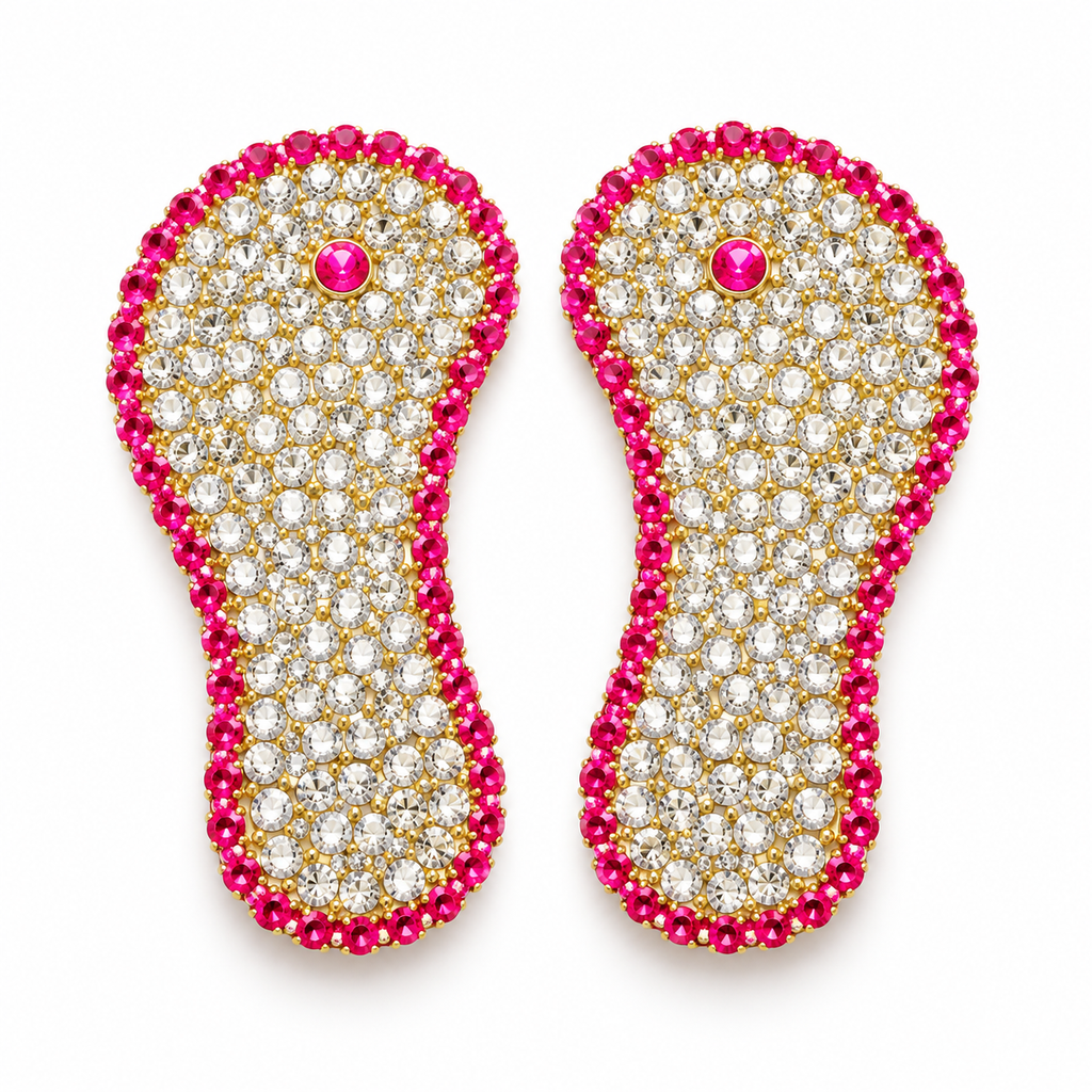 Pink & White Crystal Studded Golden Slippers for Kanha Ji | 1 Pair