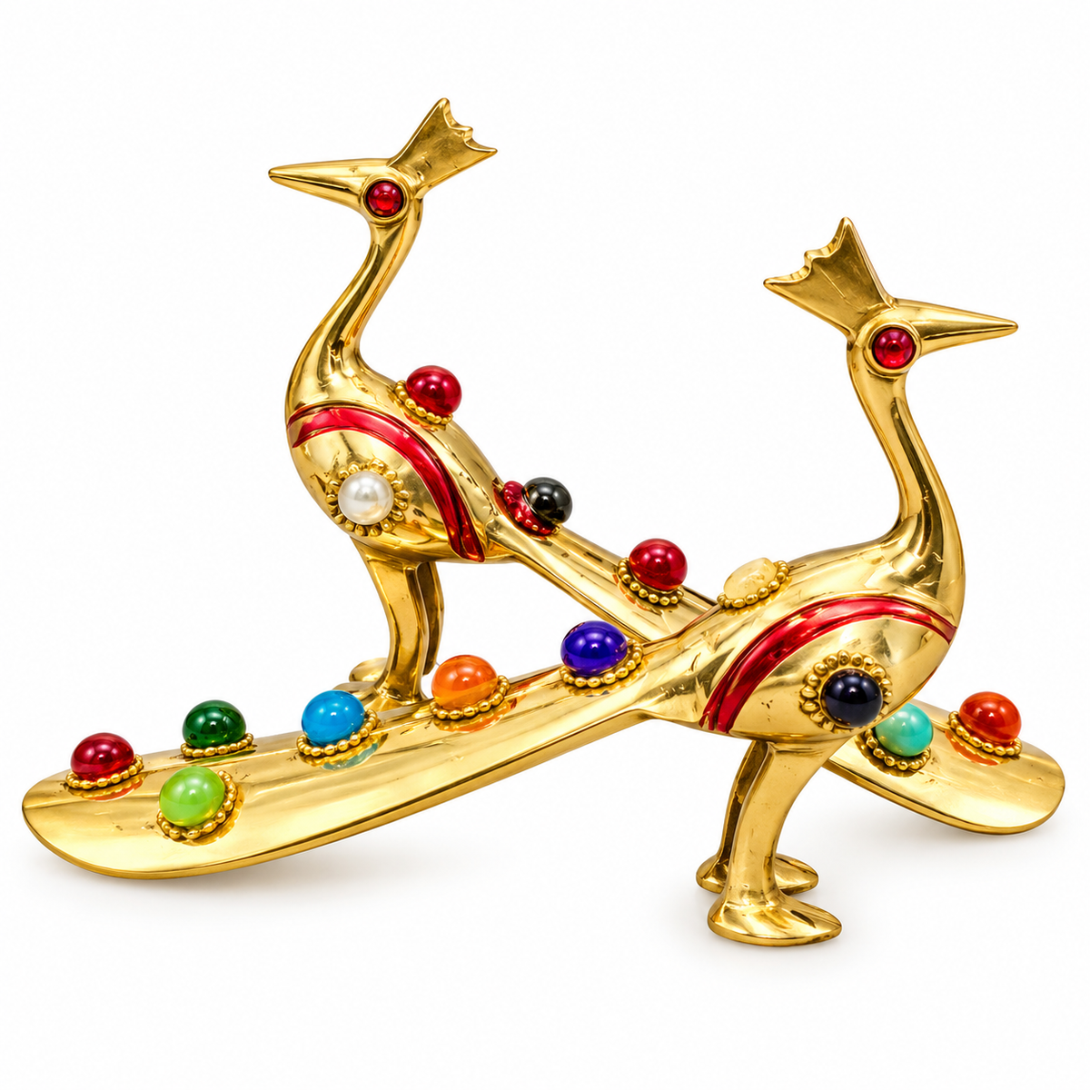Premium Golden Double Peacock Decorative Showpiece with Multicolor Stone Work