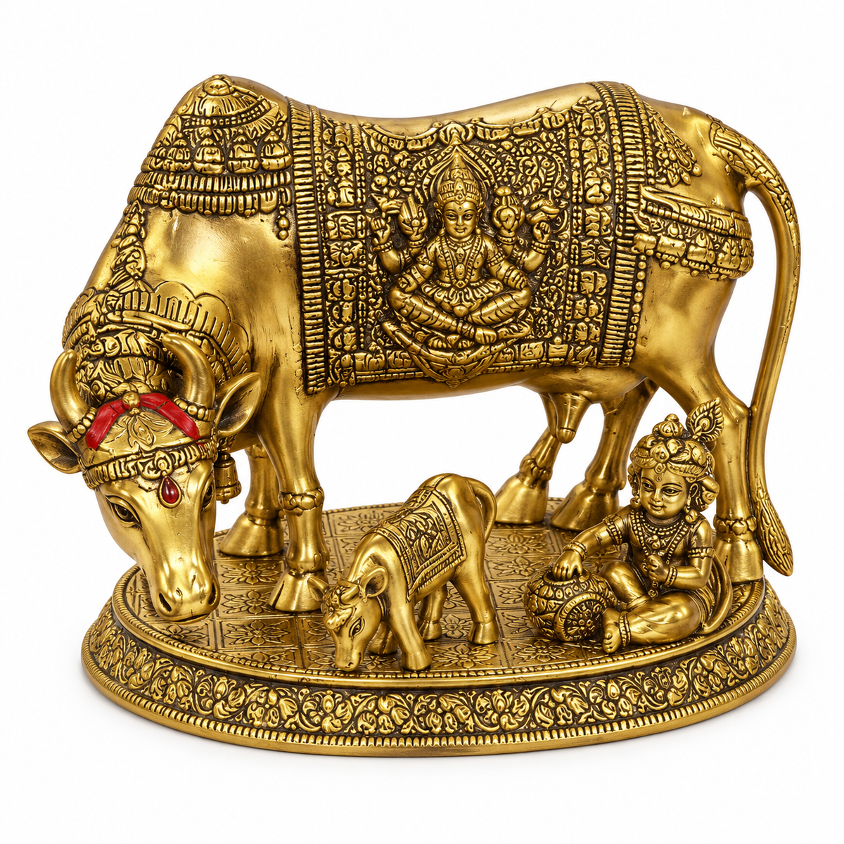 Gold Plated Kamdhenu Cow with Calf Statue