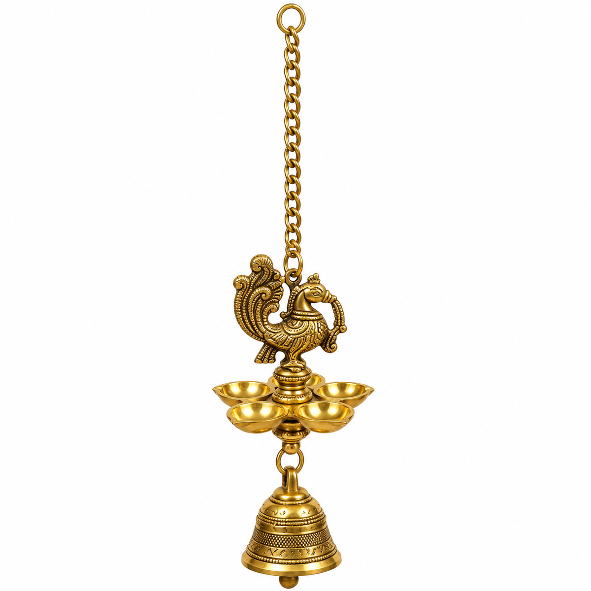 Premium Brass Peacock Hanging Diya with Bell