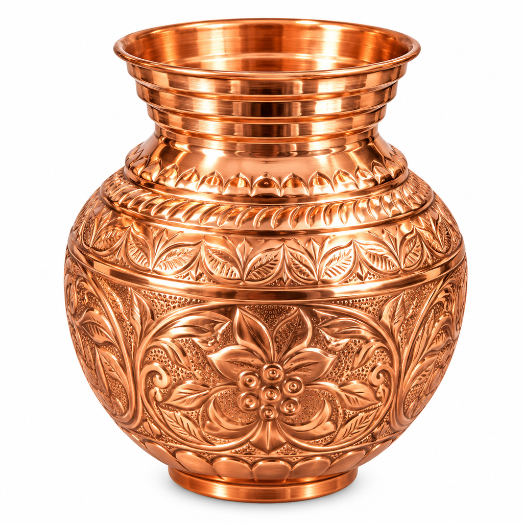 Designer Copper Kalash with Embossed Floral Design |