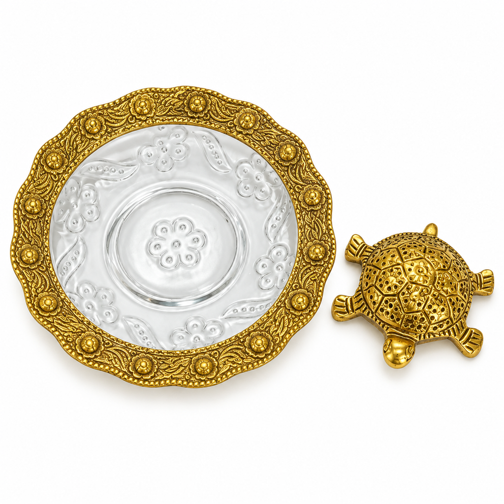 Gold Plated Vastu Tortoise with Decorative Glass Plate |