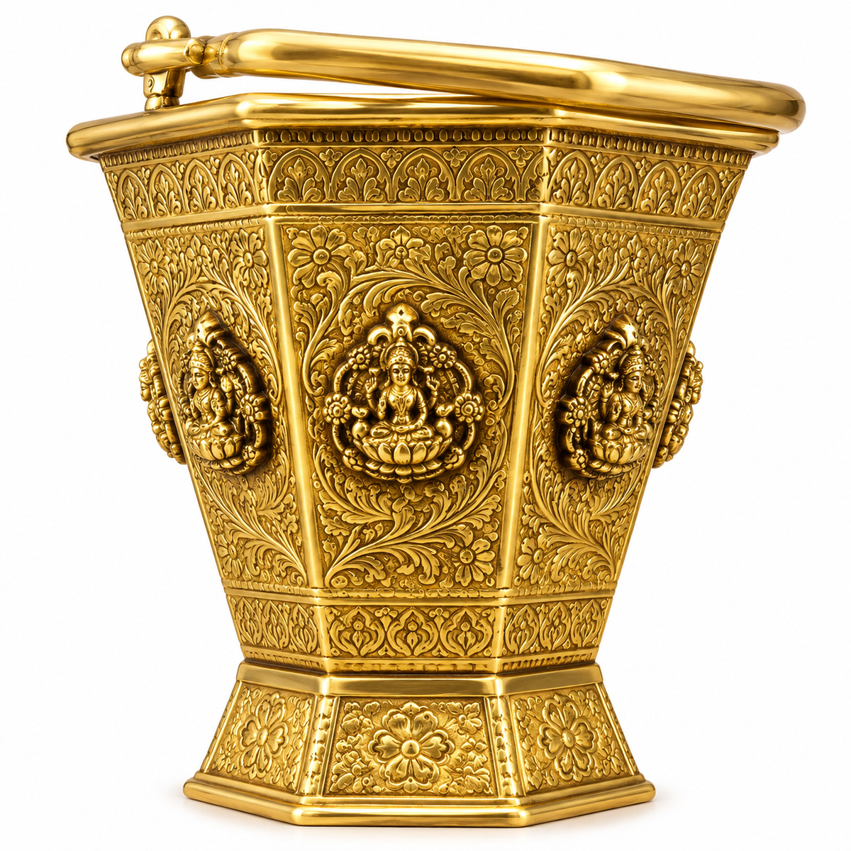 Copper Decorative Octagonal Bucket with Handles | Embossed Pooja & Serving Vessel