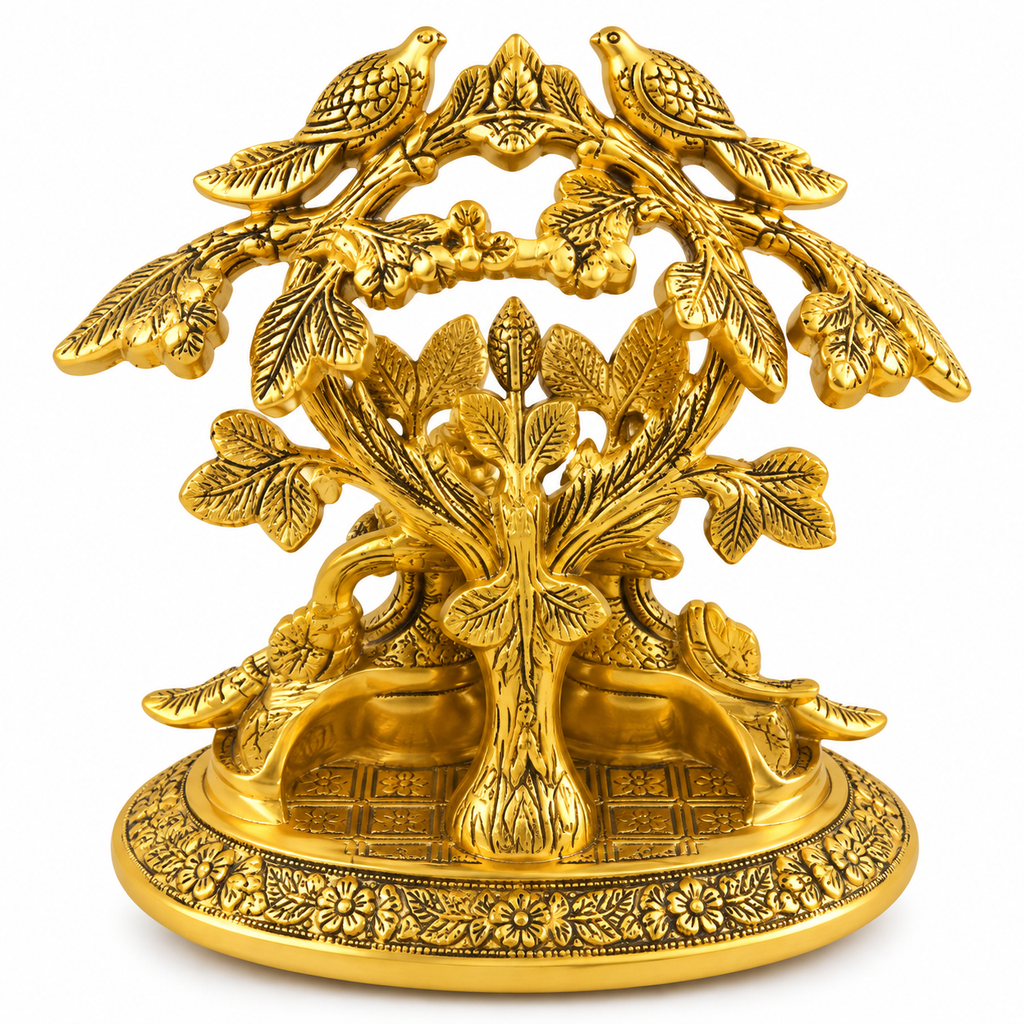 Gold Plated Radha Krishna Idol Under Decorative Tree |