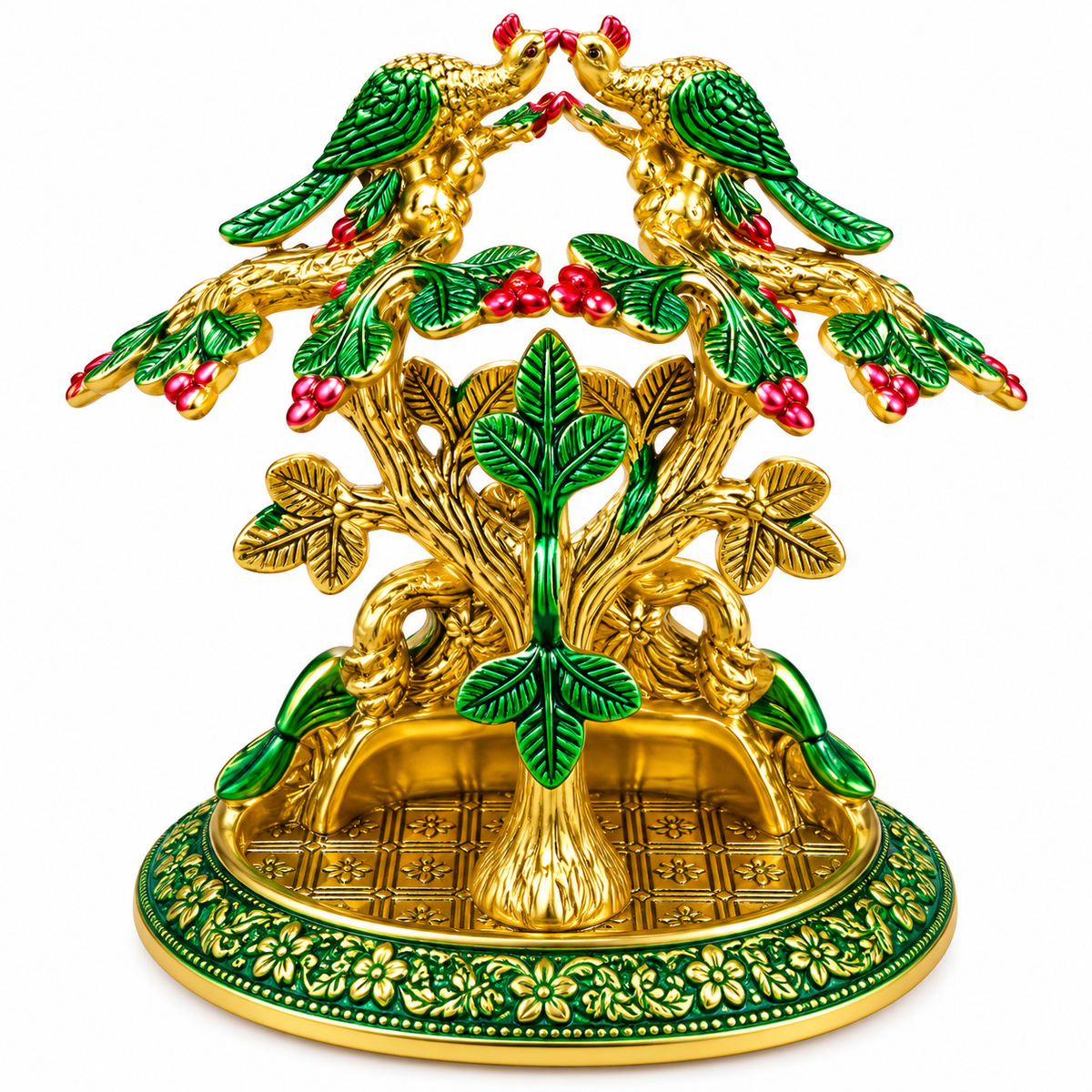Gold Plated Radha Krishna Idol Under Tree with Parrots |