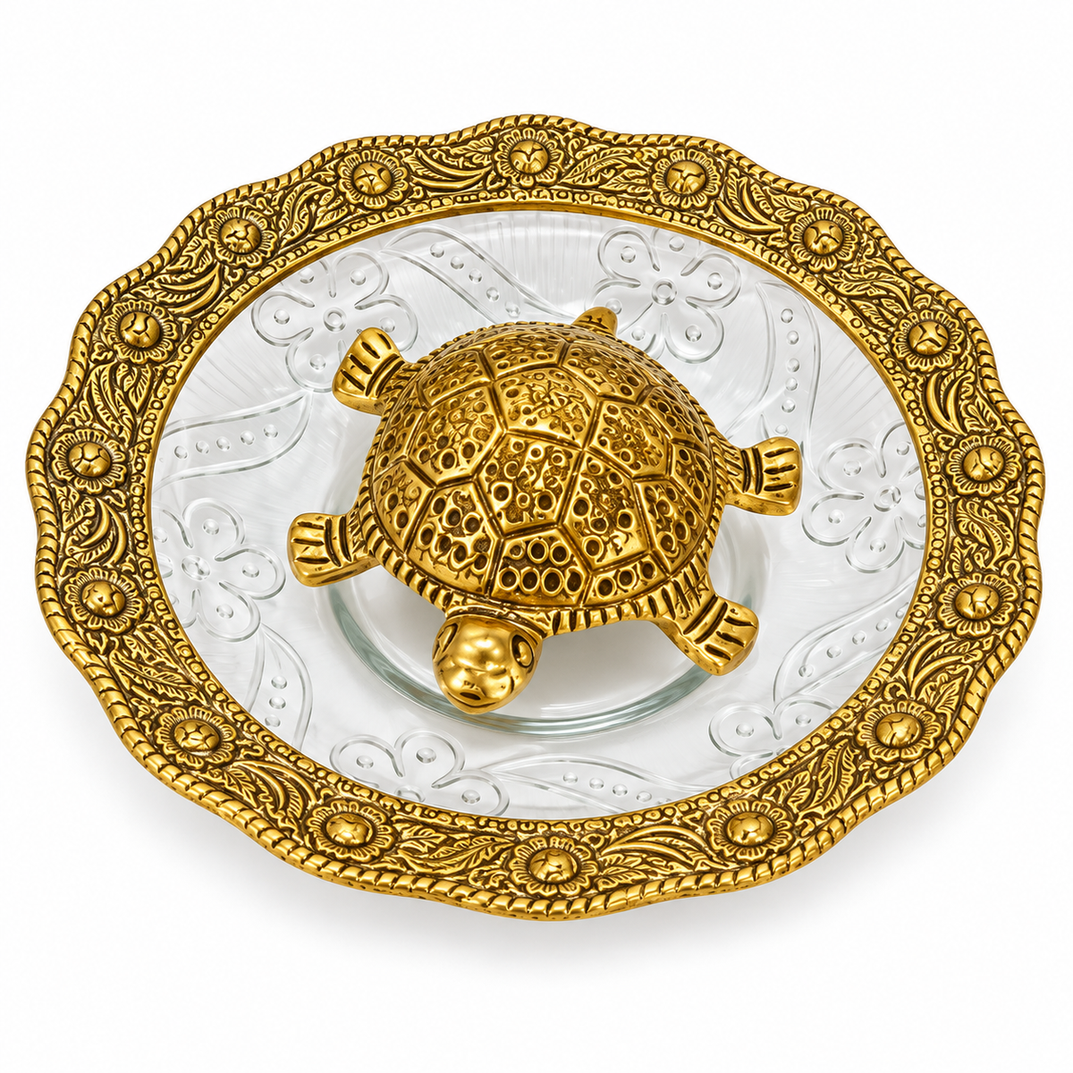Gold Plated Vastu Tortoise with Decorative Glass Plate |