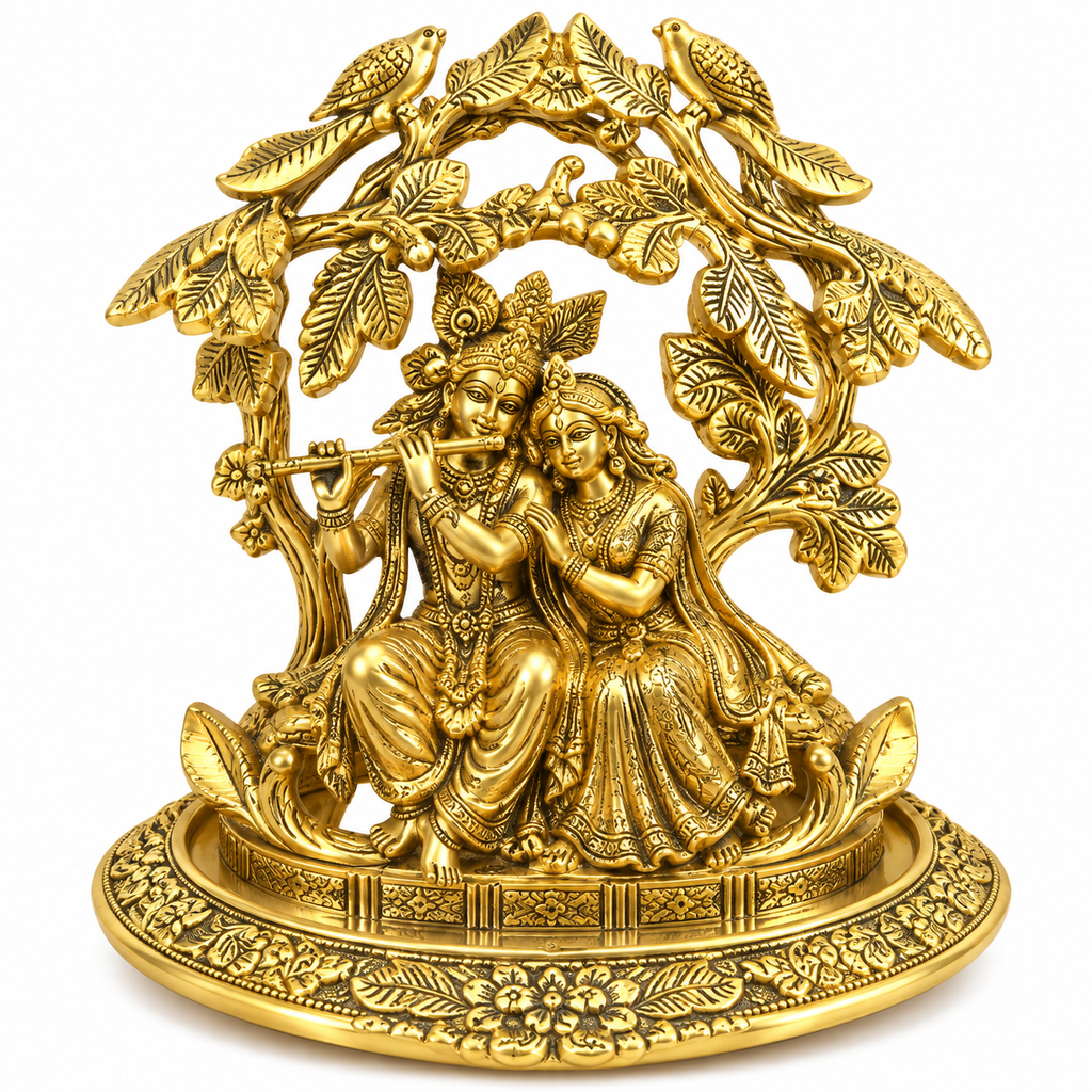 Gold Plated Radha Krishna Idol Under Decorative Tree |