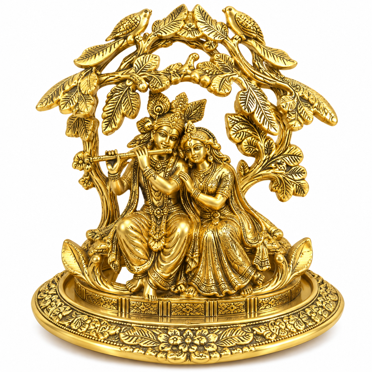 Gold Plated Radha Krishna Idol Under Decorative Tree |