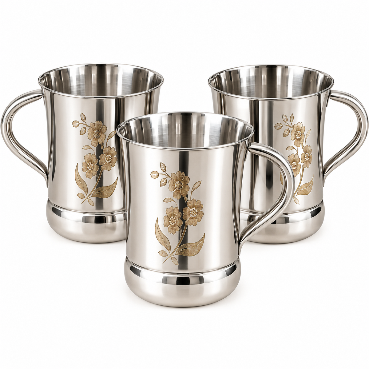 Premium Stainless Steel Coffee & Tea Mug Set of 3 | Silver Finish Drinking Cups with Strong Handle | Kitchen & Home Use