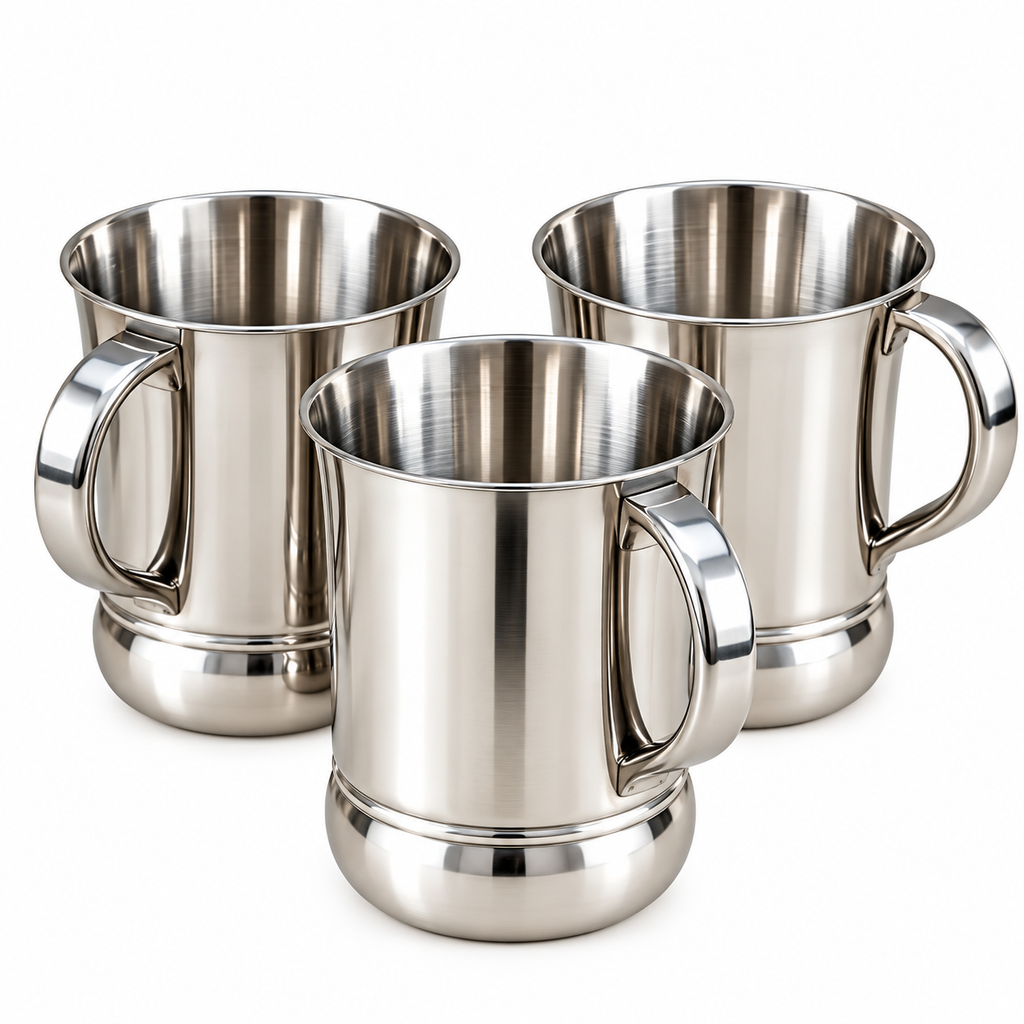 Premium Stainless Steel Coffee & Tea Mug Set of 3 | Silver Finish Drinking Cups with Strong Handle | Kitchen & Home Use