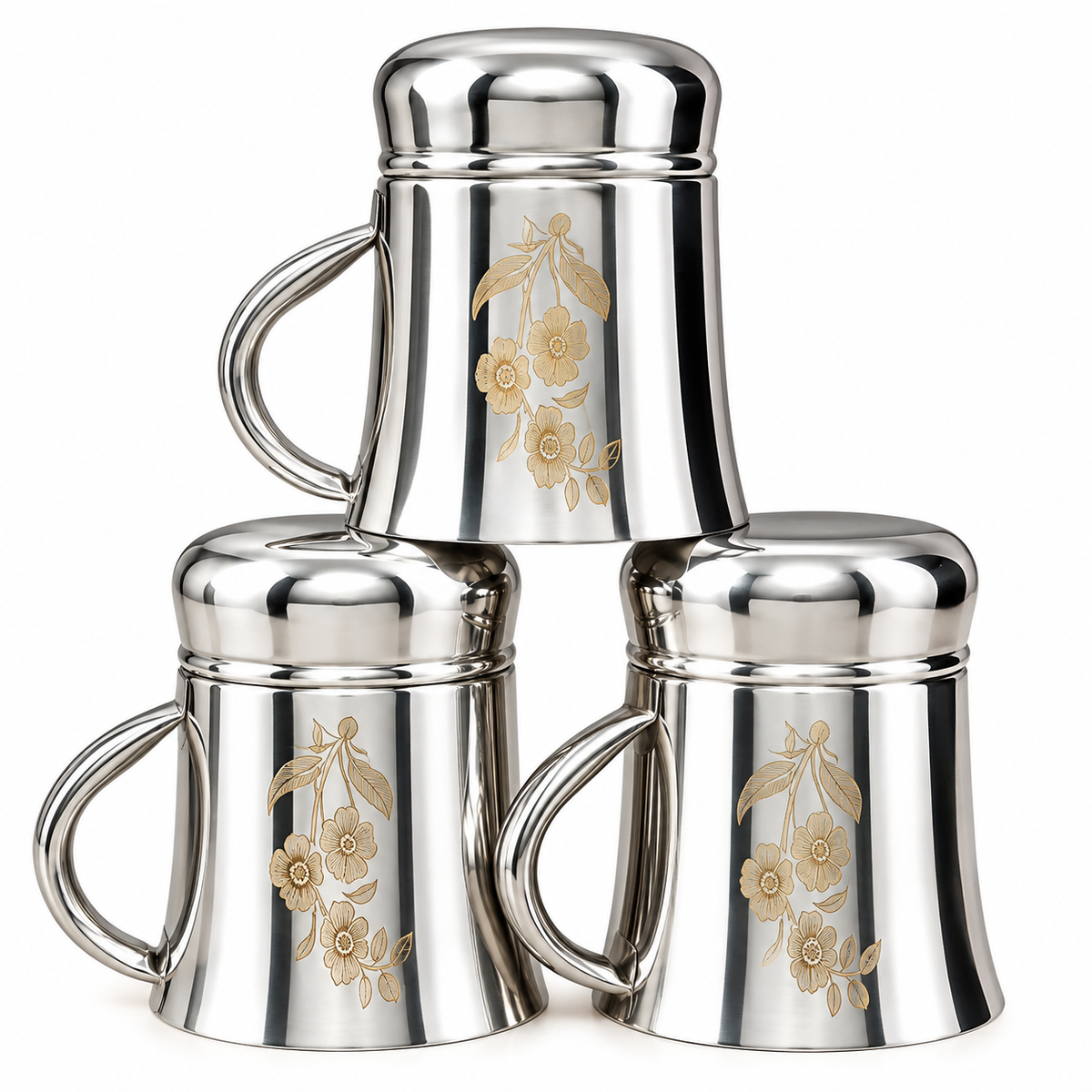 Premium Stainless Steel Coffee & Tea Mug Set of 3 | Silver Finish Drinking Cups with Strong Handle | Kitchen & Home Use